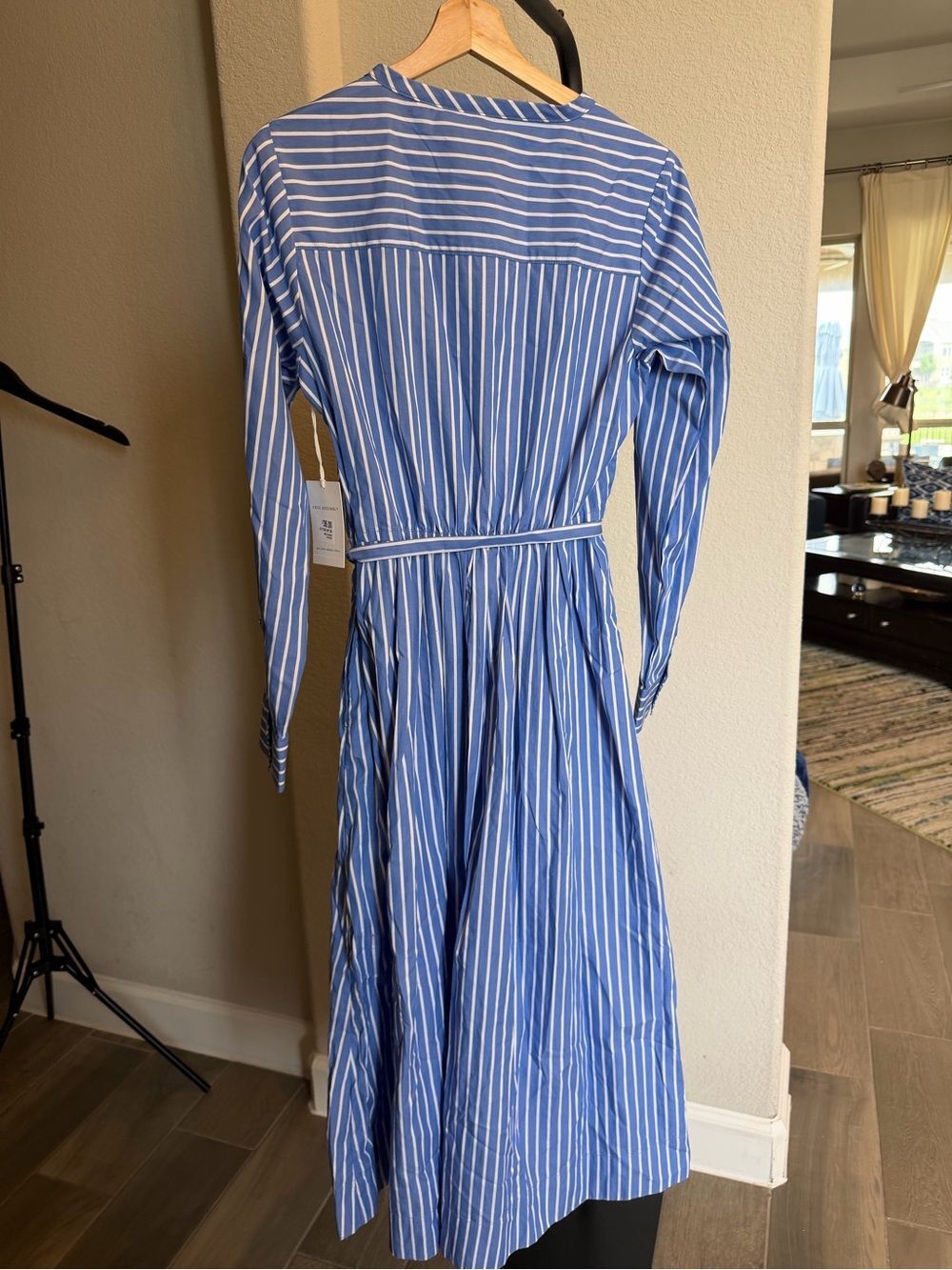 Free Assembly Blue Striped Long Sleeve Shirt Pleated  Dress Self-Tie Waist M - Picture 2 of 6